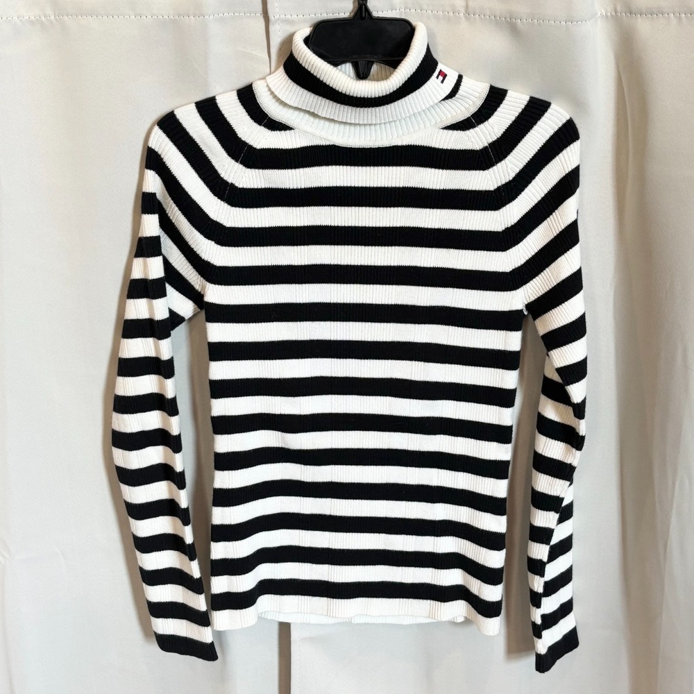 Tommy Hilfiger Sweater Top Medium Black Y2K Stripe Turtleneck Ribbed Logo 18732x